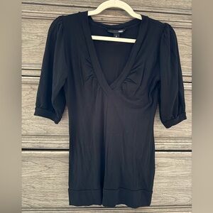 H&M Black V-Neck Top Rayon Ruched Sleeve Small Puff Sleeve Blouse